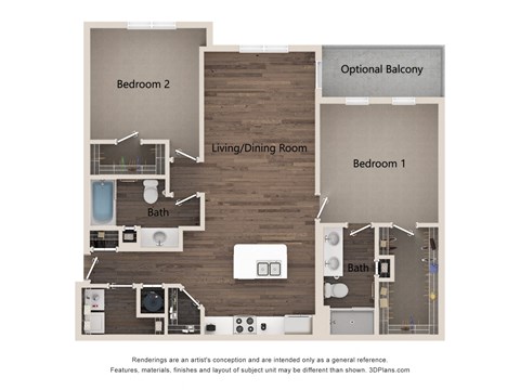 Floor plan for 2 beds, 2 baths, 1159 sqft